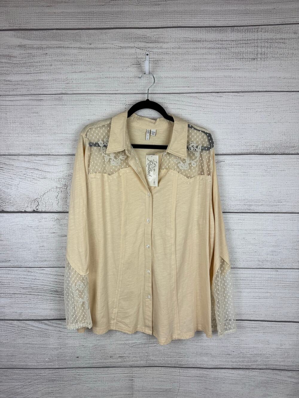 Cato Plus Size Boho Western Cream Button Up Lace Detail Top Size 18/20W